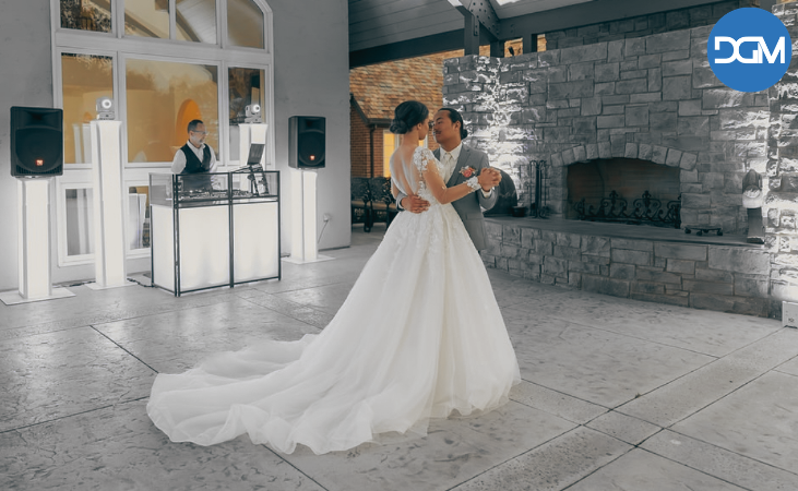 Elegant wedding reception dance floor with warm lighting